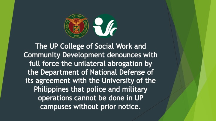 CSWCD Statement against the unilateral abrogation by the Department of National Defense of the 1989 UP-DND Accord