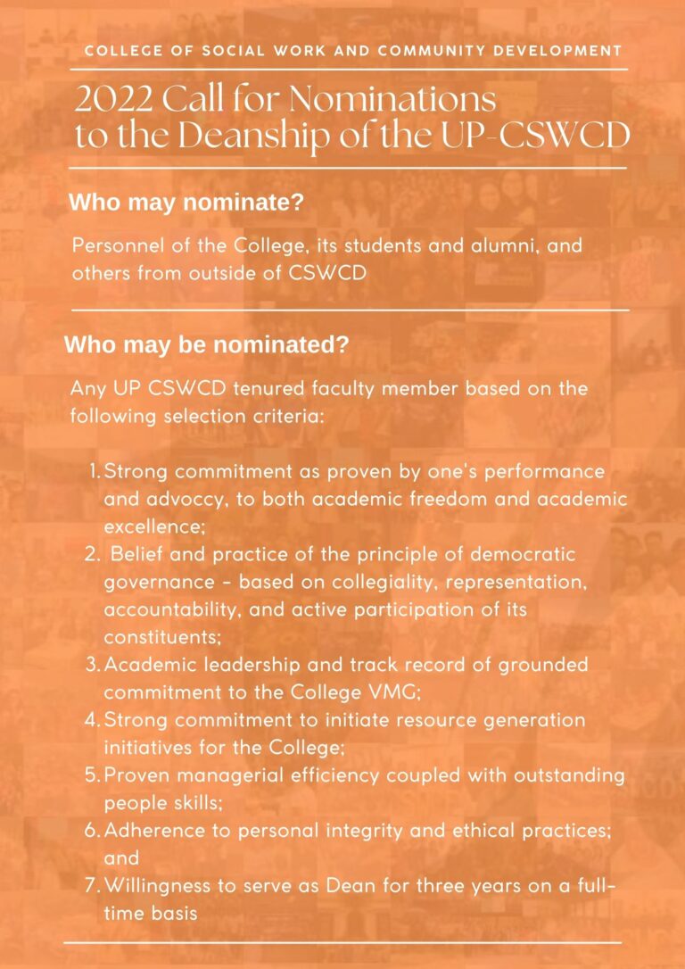 2022 Call for Nominations to the Deanship of the UP CSWCD