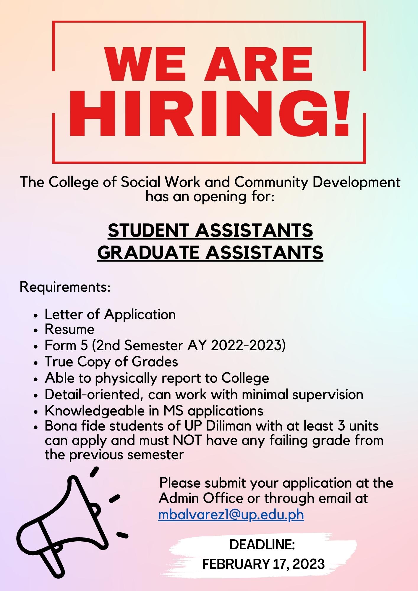 Call for Applications for Student Assistants and Graduate Assistants