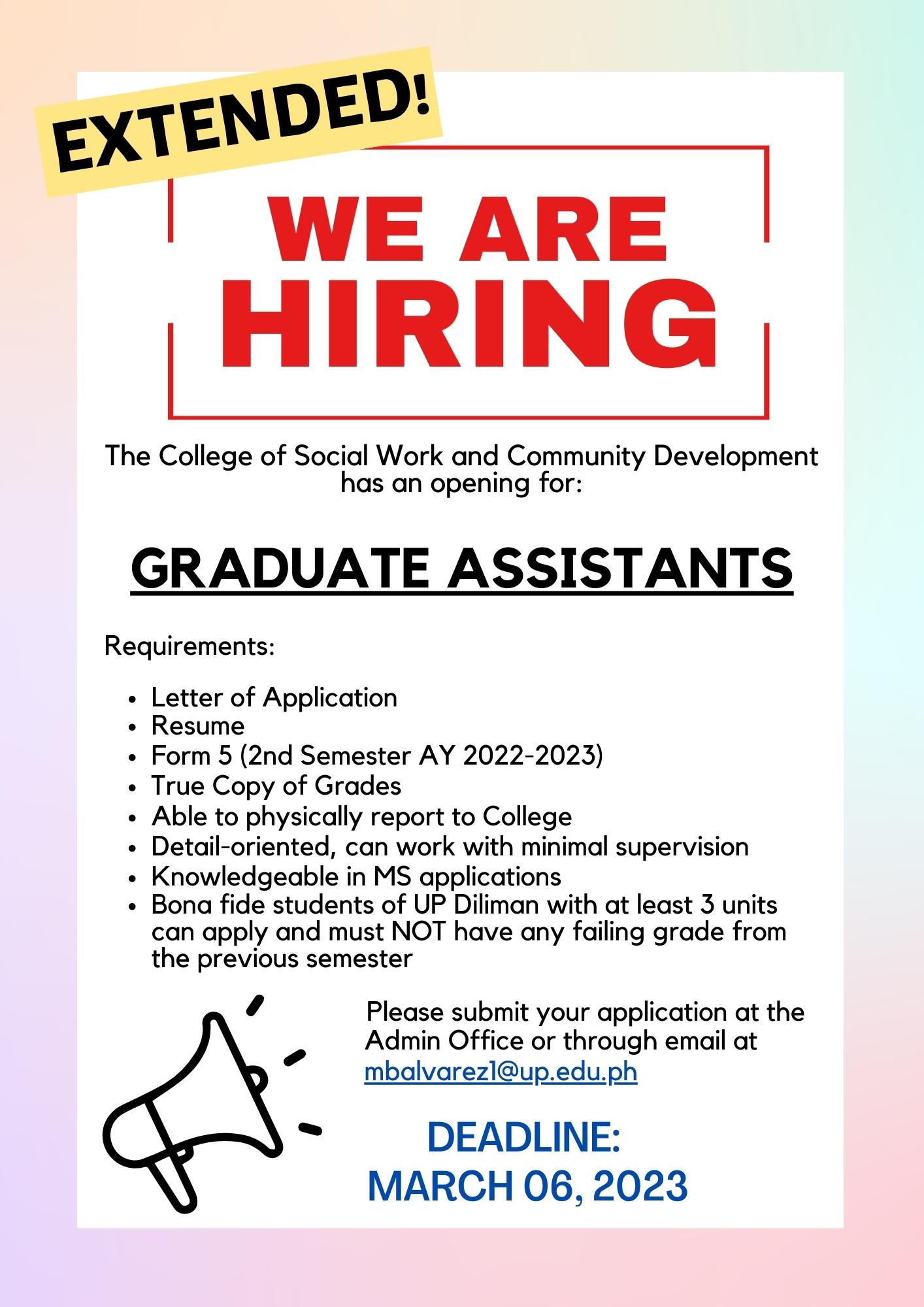 EXTENDED Call for Applications for Graduate Assistants
