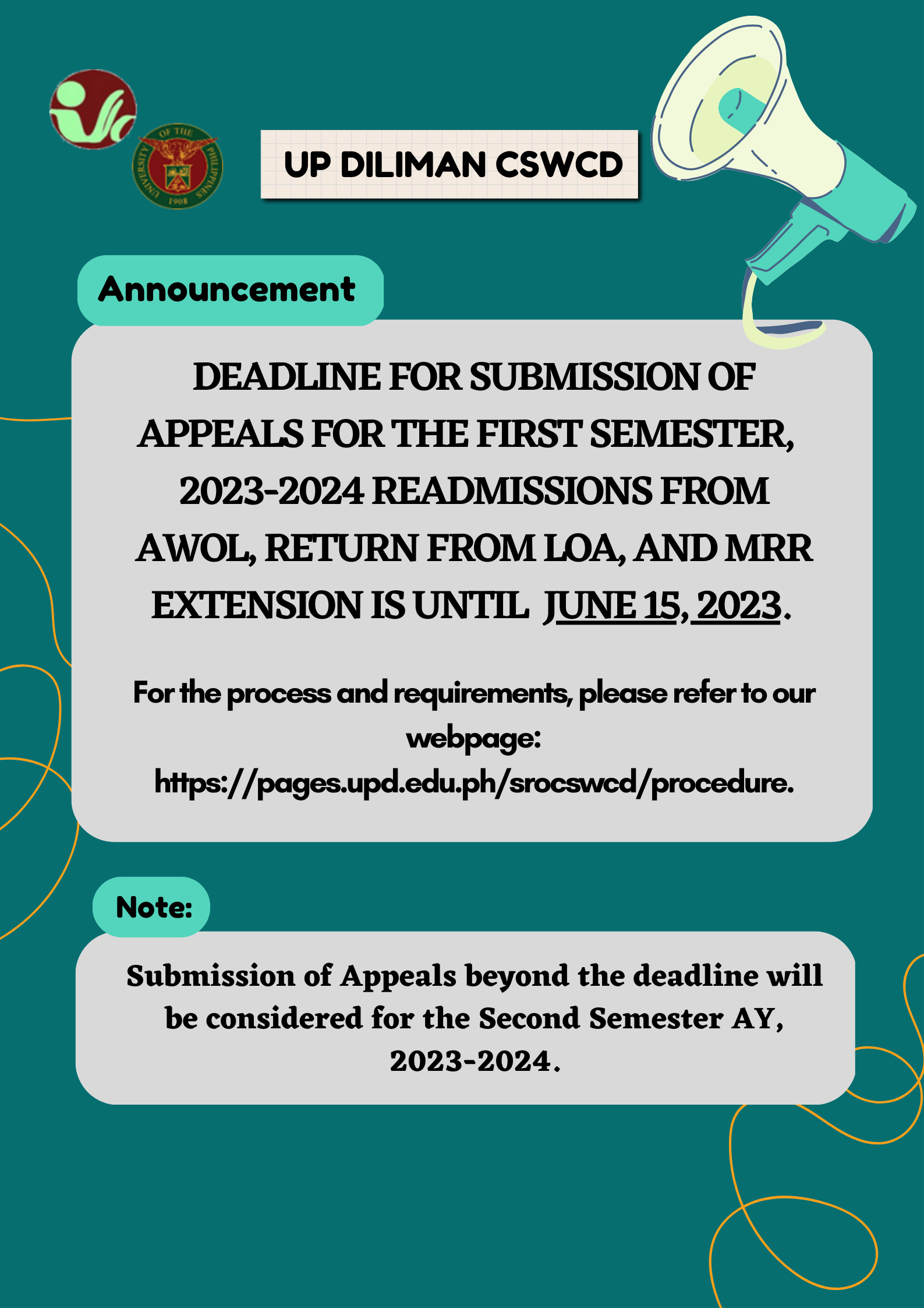 Deadline for Submission of Appeals for the First Semester AY 2023-2024 Readmissions from Absence Without Leave (AWOL), Return from LOA, and MRR Extension