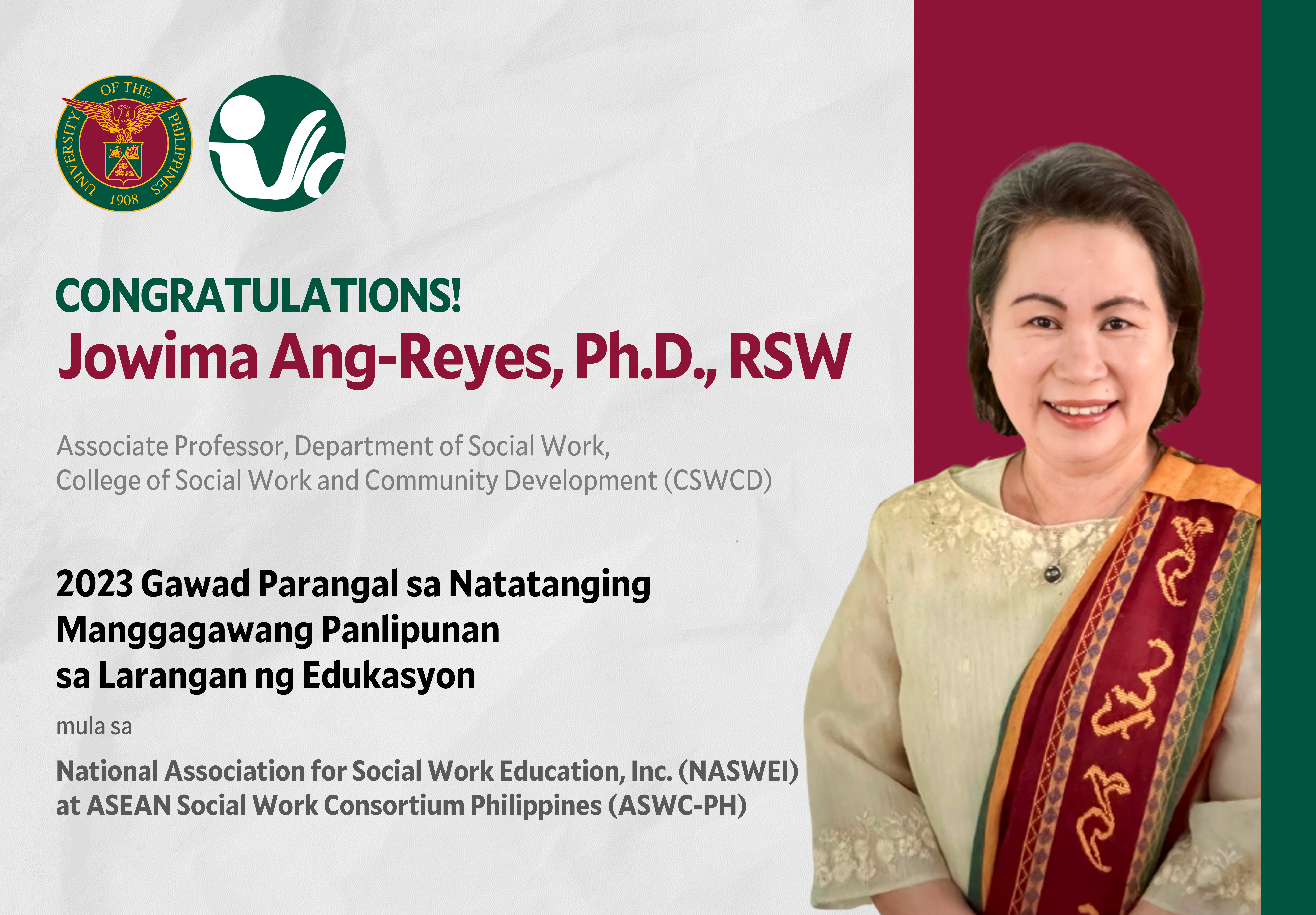 Pagbati kay Assoc. Prof. Jowima Ang-Reyes, PhD, RSW 2023 Gawad Parangal sa Natatanging Manggagawang Panlipunan sa Larangan ng Edukasyon