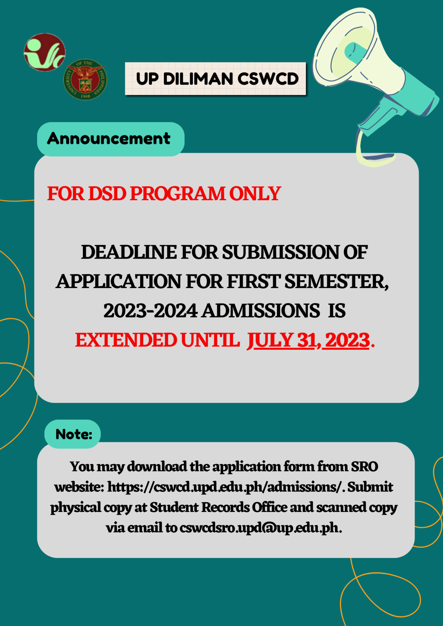 FOR DSD ONLY Deadline for Submission of Application for First