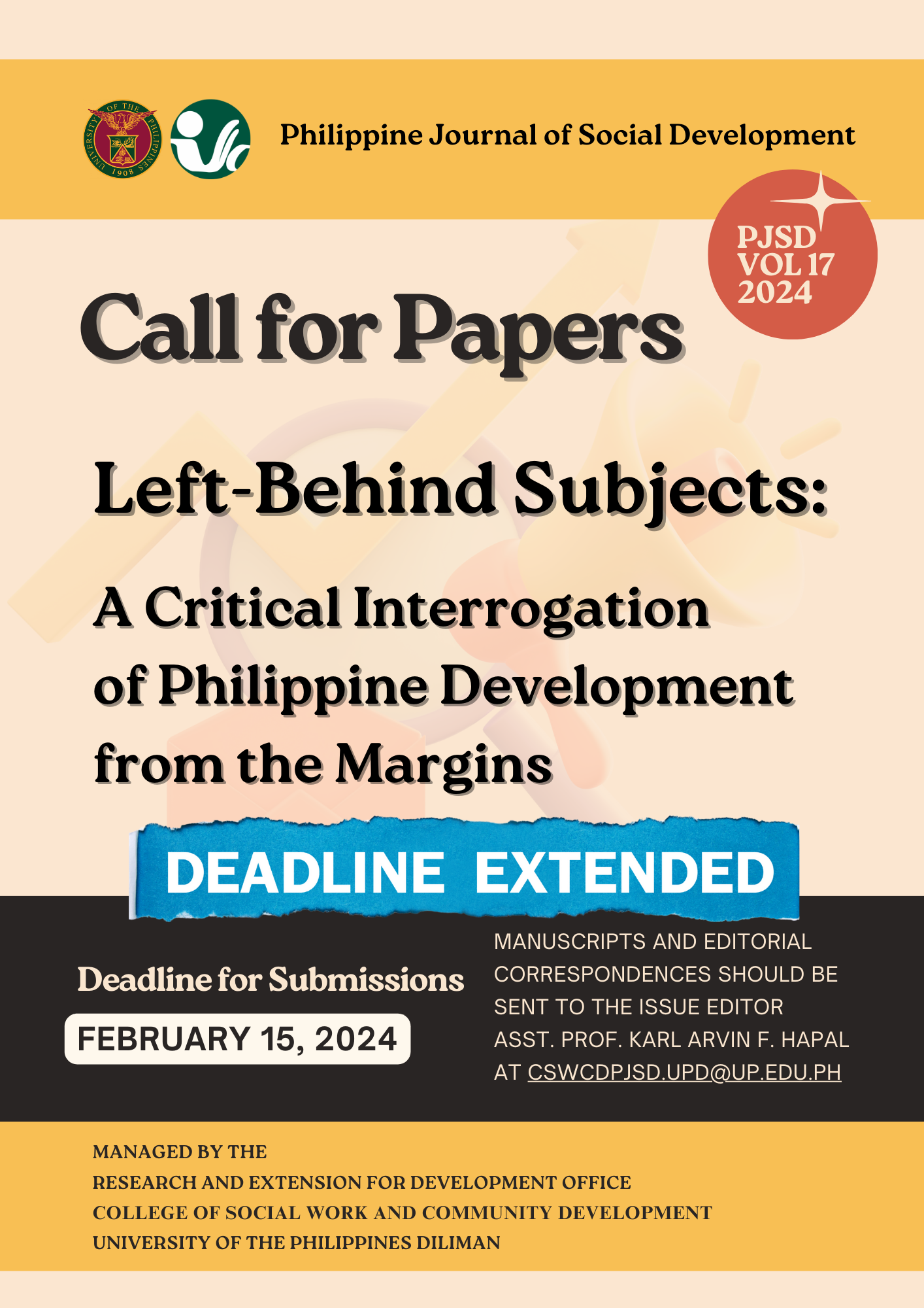 EXTENDED Call for Papers: Philippine Journal of Social Development 2024 Vol 17 Left-Behind Subjects: A Critical Interrogation of Philippine Development from the Margins